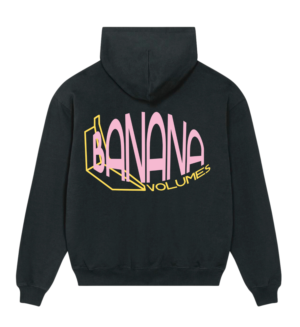 Die Rückseite des neuen Banana Volumes Hoodies, schwarz mit rosa-gelbem Print.