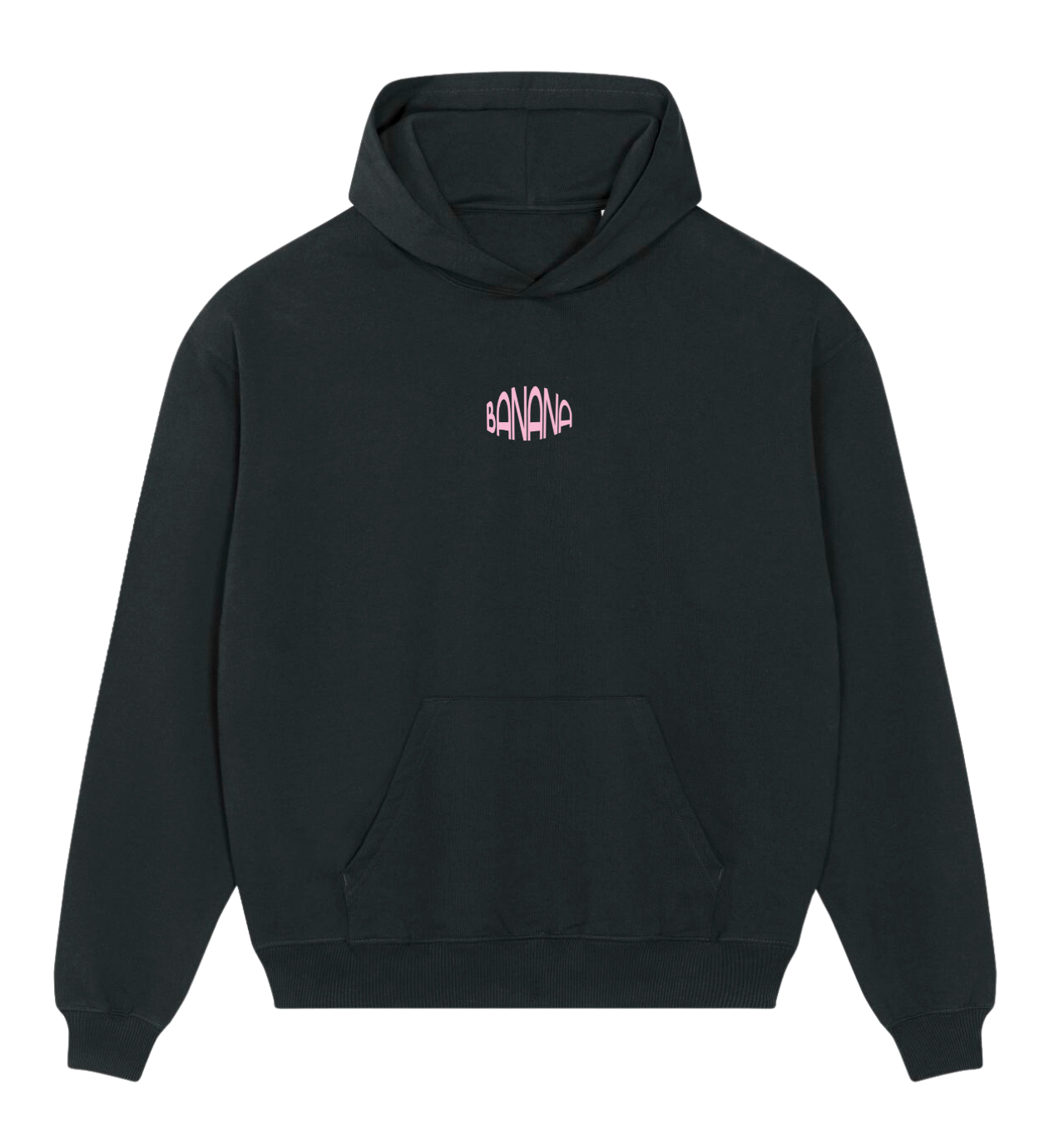 Die Vorderseite des neuen Banana Volumes Hoodies, schwarz mit rosa "Banana" print.