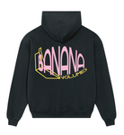 Die Rückseite des neuen Banana Volumes Hoodies, schwarz mit rosa-gelbem Print.