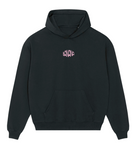 Die Vorderseite des neuen Banana Volumes Hoodies, schwarz mit rosa "Banana" print.